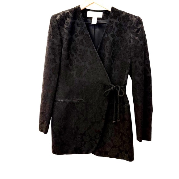 Rena Rowan for Saville Petite Jackets & Blazers - Vintage Rena Rowan Black Floral‎ Jacquard Wrap Blazer Jacket 4P Career Romantic